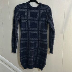 Romeo & Juliet Blue Square Geometric Fuzzy Sweater Dress, Long Sleeves- Size S